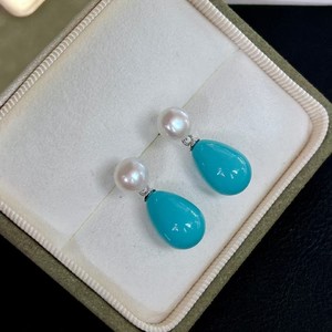 Boucles d'oreilles pendantes en perles d'eau douce turquoise bleu goutte d'eau de style européen américain, 7-8 mm, clous d'oreille en argent pur pour femmes - Product Image 5