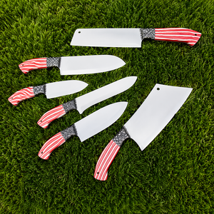 ชุดมีดเชฟ 6 ชิ้น ผลิตด้วยมือโดย Edge Master ด้ามจับเรซิ่นสแตนเลส ออกแบบสำหรับคนถนัดทั้งสองมือ ใบมีดยาว 5 นิ้ว พร้อมซองหนัง - Product Image 4