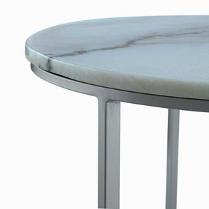 Ensemble de deux tables basses rondes en marbre blanc avec base en métal finition argentée, durables et résistantes, table basse centrale. - Product Image 3