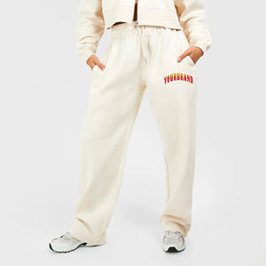 Custom Logo <b>Women's</b> Cream <b>Harem</b> Sweatpants Mid Waist Drawstring Loose Fit Full Length Casual Knitted Cotton With Embroidery Logo - Product Image 1
