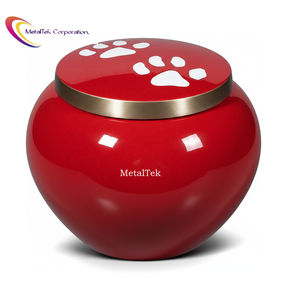 Urna para Mascotas de Cerámica Roja Brillante con Tapa Elegante con Borde Dorado, Huellas de Patas Blancas, Tamaño Compacto, Urna Metálica para Cenizas de Mascotas Odyssey - Product Image 1