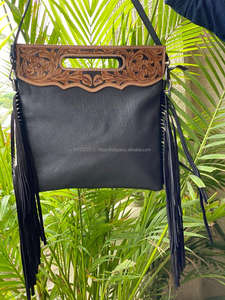 New Western Style Cowhide Fur Leather Fringe Bag Women Tooled Carving Leather <b>Handbag</b> Boho Style Leather Sling Bag - Product Image 3