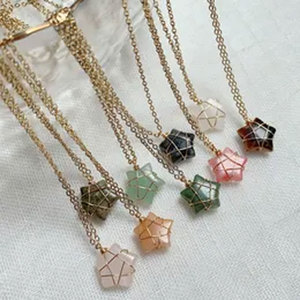 Wholesale Wire Wrapped Hexagon Natural Gemstone Pendant Necklace Gold Plated <b>Chain</b> Crystal Healing Jewelry for Women - Product Image 3
