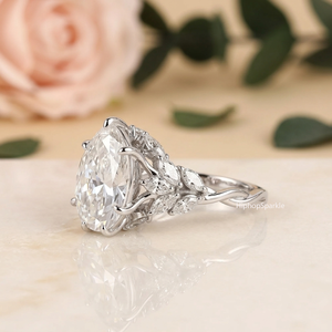 Luxury <b>Silver</b> Marquise Cut <b>Ring</b> with Floral Leaf Side Design and Round Accent Stones Elegant <b>Statement</b> Fine Jewelry Bridal <b>Rings</b> - Product Image 3