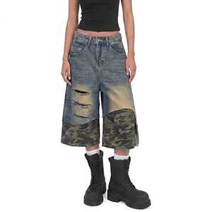 <b>Men's</b> Ripped Denim Bermuda <b>Shorts</b> High Waist Camouflage <b>Patch</b> Street Style Button Fly Woven Cotton - Product Image 5