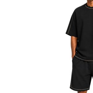 Black Mens Oversized T Shirt And Shorts <b>Set</b> Contrast Piping Custom Logo Crew Neck Casual Streetwear Summer Two Piece Wholesale - Product Image 3