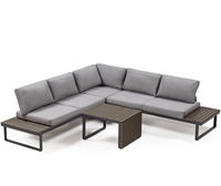 Ensemble de canapés sectionnels en L de luxe moderne, imperméables, pour l'extérieur, avec tables d'appoint intégrées, table basse, structure en acier, pour usage hôtelier