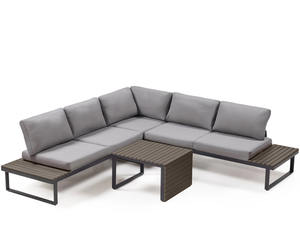 Moderno y Lujoso Conjunto de Sofás Seccionales en Forma de L para Exteriores, Muebles de Jardín de Metal con Mesas Auxiliares y Mesa de Centro Integradas - Product Image 1