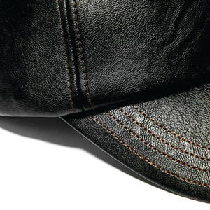 <b>Black</b> Sheepskin Leather Baseball Cap Adjustable Unisex Sporty Waterproof Embossed Four Seasons Breathable Flat Brim Style - Product Image 6