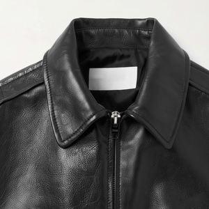 Chaqueta Bomber de Cuero Genuino para Mujer, Manga Larga, Cierre de Cremallera, Cuello Alto, Color Negro Sólido, Invierno, Vintage, Transpirable, Tejida - Product Image 5