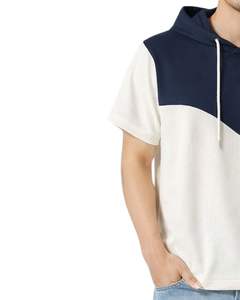 Customized <b>Men</b> Short Sleeve Hoodie T Shirt <b>Navy</b> Blue And White Color Block Casual Pullover Hooded Top Soft Cotton Summer Wear - Product Image 3