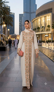 Tela base de punto Georgette color blanco húmedo con patrón de lentejuelas bordadas para Abaya, Kaftan, ropa nupcial y ropa étnica. - Product Image 2