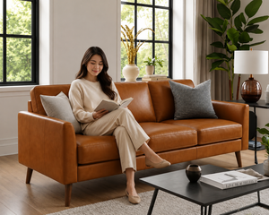 Modern Genuine Leather Three Seat <b>Sofa</b> With Wood Legs Tight Back Straight Arms Midcentury Living Room Furniture Leather <b>Sofa</b> - Product Image 3