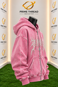 Direct Factory Custom Men's Acid Washed Denim Zip Up <b>Hoodie</b> Oversized Streetwear Zipper Contrast <b>Stitching</b> Gothic Embroidery - Product Image 3