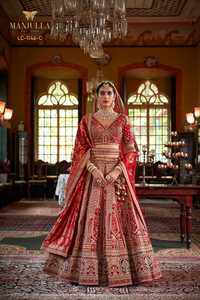Conjunto de Lehenga Rojo para Novia, Tejido y Bordado, Poliéster/Algodón, Blusa con Cuello en V y Lehenga, Traje de Boda - Product Image 1