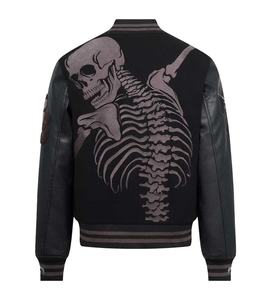 Men's Black Varsity <b>Jacket</b> With Skeleton Embroidery <b>Punk</b> Style Turn-down Collar Single Breasted Regular Fit - Product Image 6