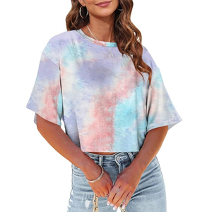 Camisetas Cortas de Verano para Mujer al por Mayor, Estilo Tie Dye Pastel, Manga Corta, Estampado Gráfico, Hombros Caídos, Oversize, Coloridas - Product Image 2
