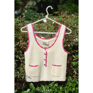 BETTY <b>Women's</b> Hand Knitted Sleeveless Vest <b>for</b> with Pink Trim Pockets Winter Elegant Style VKSE00526 100% Polyester <b>Short</b> - Product Image 1