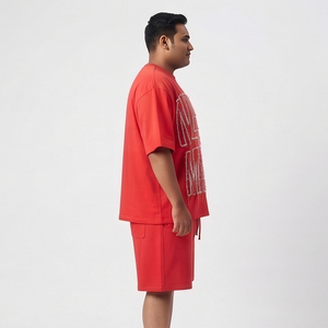 Plus Size Men Distressed Embroidery T-Shirt Shorts Set Premium 100% Cotton Oversize Summer Loose Fit Drop Shoulder Shorts Set Te - Product Image 3