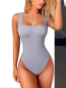 Maillot de bain une pièce tricoté noir à col carré pour femmes, taille haute, sans manches, couleur unie, séchage rapide - Product Image 5