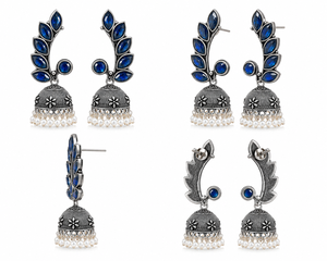 Oxidized <b>Silver</b> Blue Stone Jhumka <b>Earrings</b> Handmade Pearl <b>Dangle</b> Jewelry for Women - Product Image 6