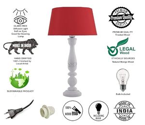 Modern White Wood Pillar Table Lamp with Red <b>Drum</b> <b>Shade</b> Decorative <b>Lighting</b> for Living Room - Product Image 6