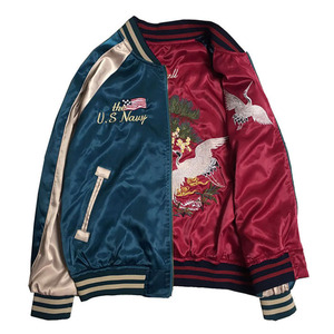 Men's <b>Red</b> Bomber <b>Jacket</b> With White Crane Embroidery Navy Sleeves Zipper Front Vintage Style Satin Lining - Product Image 5
