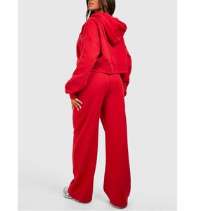 Women's Red Hooded Zip-Up Tracksuit <b>Set</b> Full Sleeve Casual Sportswear Knitted 2-Piece Outfit Loose Fit All Seasons - Product Image 6