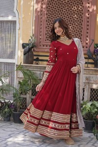 Elegant Blooming Silk <b>Flared</b> Gown Zari <b>Sequin</b> Design Fancy Trim Veil Round Neck Stitched Women Traditional Attire Set - Product Image 4