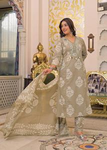 Ensemble de costume élégant en coton vert kaki 60x60 à imprimé floral avec col en V orné, pantalon droit et dupatta pour femmes - Product Image 4