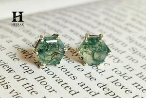 Luxury Hexagon Moss Agate <b>Stud</b> <b>Earrings</b>, Natural Gemstone Ear <b>Studs</b> in 14K Gold, Unique Minimalist Jewelry for Women and Gifts - Product Image 2