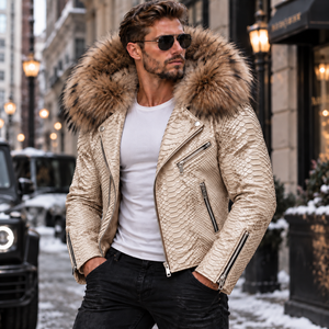 Men's Python Leather Jacket with Real Detachable <b>Fox</b> <b>Fur</b> Hood | Herren Lederjacke | Chaqueta Hombre de Cuero Python - Product Image 3