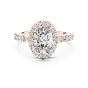 Bague de fiançailles de luxe en moissanite taille ovale avec halo pour femme, en or rose 14 carats, avec bande pavée, bijou de mariage et de fête, cadeau pour elle - Product Image 1