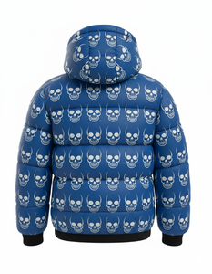 Blouson matelassé à capuche pour homme, imprimé crâne bleu, chaud pour l'hiver, style streetwear, vente en gros personnalisée - Product Image 5