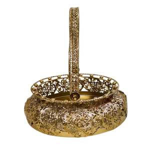 Corbeille à fruits en filigrane métallique doré avec poignée pivotante, bol rond décoratif à motifs floraux ajourés pour table à manger, décoration intérieure, Pooja - Product Image 5
