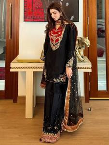 Black Pakistani Embroidered Salwar Kameez Set Long Sleeve Kurta Palazzo <b>Pants</b> Shawl for Party Wedding - Product Image 2