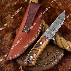 Couteau de chasse et de camping professionnel à lame fixe en acier Damas, manche en corne de bélier, étui en cuir, cordon, haute qualité ODM - Product Image 6