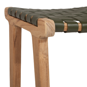 Tabouret de bar en teck de style mid-century avec assise en cuir tressé, chaise de salle à manger écologique et durable pour la maison - Product Image 3