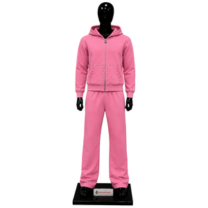 Ensemble de survêtement rose clouté pour homme – Hoodie zippé et pantalon droit – Tenue décontractée streetwear – Survêtement de jogging – Vêtements de sport personnalisés en gros - Product Image 1