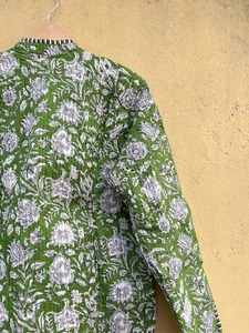 Blazer à col mandarin imprimé floral vert, manches longues, longueur courte, 100% coton, veste tissée pour femme, printemps - Product Image 5