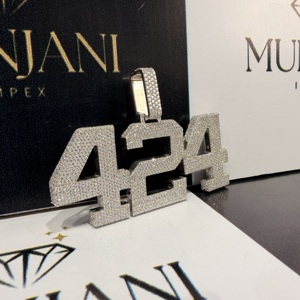 Colgante y Amuleto de Lujo para Hombre, Chapado en Oro, con Diamante Redondo Brillante Número 424 Personalizado, Certificado IGI, Totalmente Engastado, Estilo Hip Hop - Product Image 2
