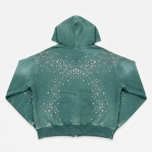 Sudadera con capucha verde para hombre, con cremallera, efecto desgastado, estampado, estilo urbano. - Product Image 6