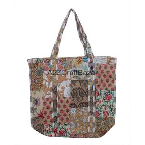Handmade Quilted 100% Pure Cotton Fabric Long Handle Travel Beach Tote <b>Bag</b> for Women Summer Groceries & Shopping - Product Image 4