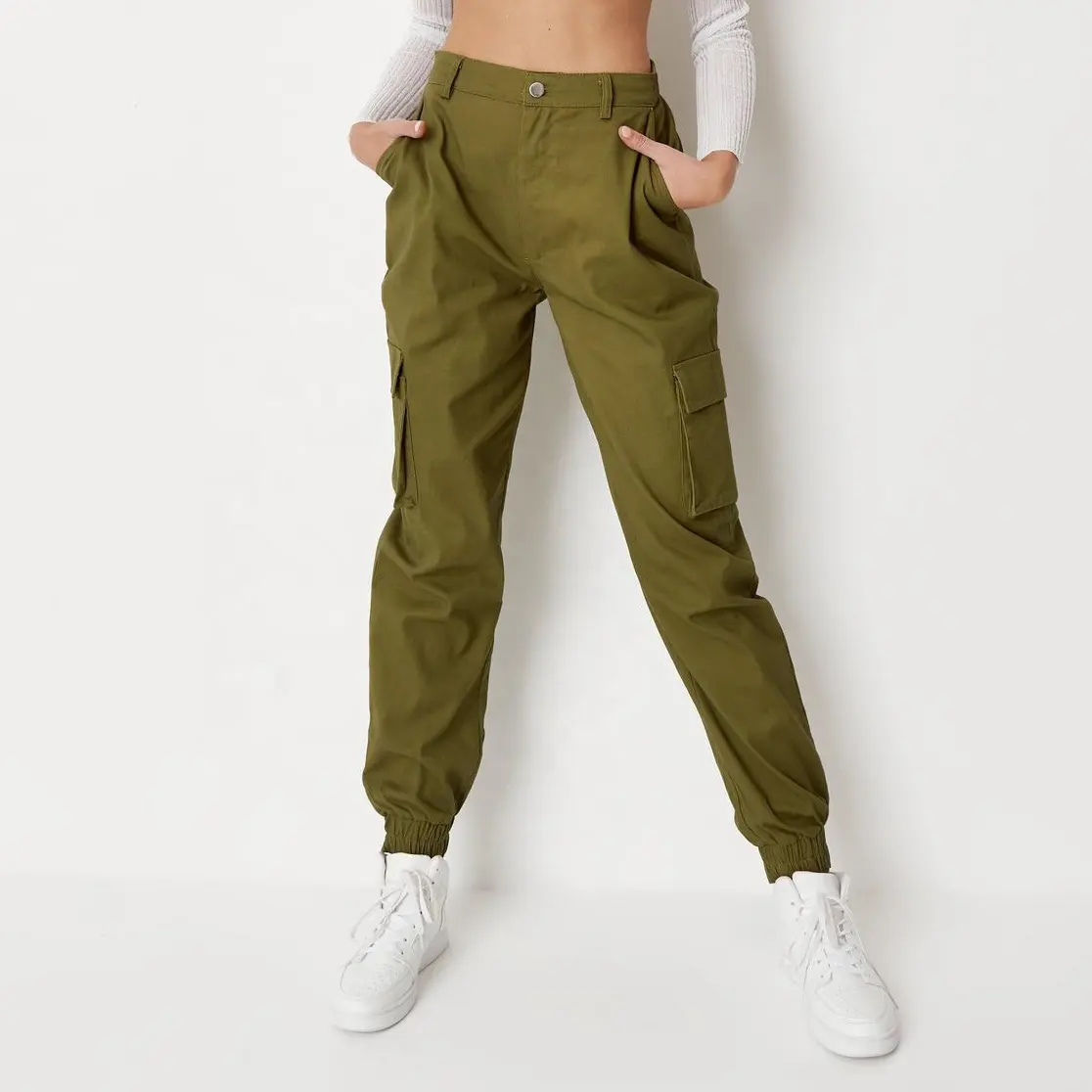 Cool Girl Wear Women Green Breasted Cargo Pants With Pockets Straight Leg Overall plus size Pants