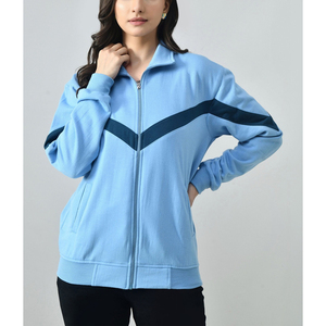 Chaqueta Deportiva Azul Claro para Mujer, Manga Larga, Cuello Alto, Cierre de Cremallera, Bloques de Color en Contraste, Tejido de Poliéster, Ropa de Otoño - Product Image 1