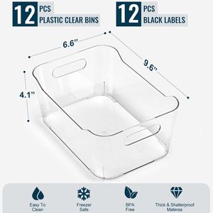 12-Pack Multi-Use Clear Plastic Storage Bins with <b>Labels</b> for Home <b>Kitchen</b> Bathroom Organization - Product Image 2