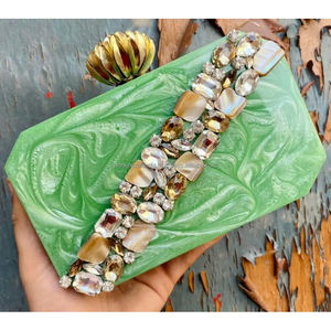 Elegant <b>Green</b> Resin <b>Clutch</b> <b>Bag</b> with Gemstone and Crystal Embellishment <b>for</b> Party and <b>Wedding</b> Occasions - Product Image 1