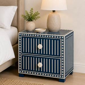Table de chevet vintage en os incrusté, tiroir latéral à motif artistique, meuble fait main, unité de rangement élégante pour chambre à coucher - Product Image 6