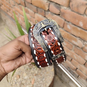 Nuevo cinturón de vaquero tallado a mano completo de estilo occidental Vaquero Cinto con hebilla antigua de latón blanco Fabricante Mayorista - Product Image 2