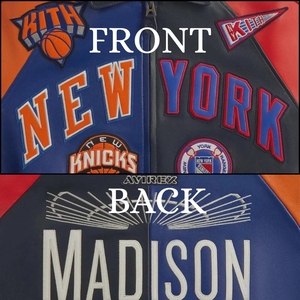 Chaqueta de Cuero Premium con Recubrimiento de los New York Knicks del Madison Square Garden |   Kith Virex Color-Block Bomber Edition Letter Venta al por mayor - Product Image 4